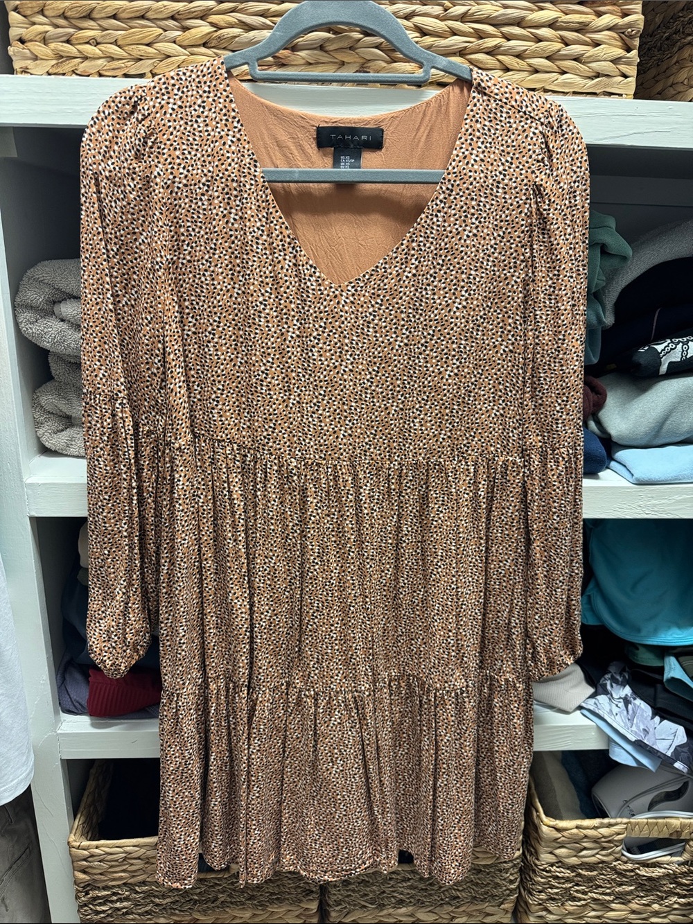 Tahari Microdot V-Neck Tiered Dress